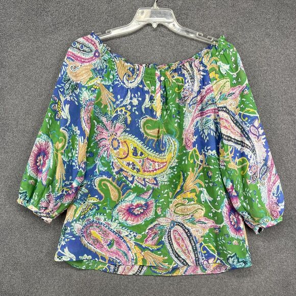 Chaps Blouse Womens Large Green Blue Paisley Peasant 3/4 Sleeve Elastic Neck - Picture 1 of 15